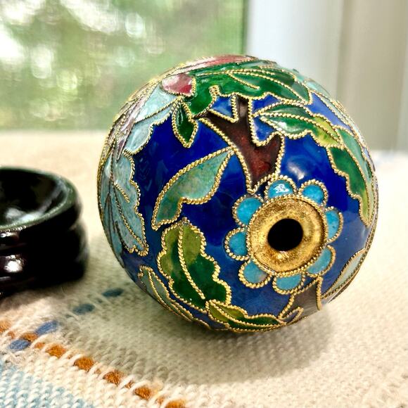 Vintage Cloisonné Enamel Egg with Floral Design on Wood Stand – 3” Tall - Picture 5 of 9